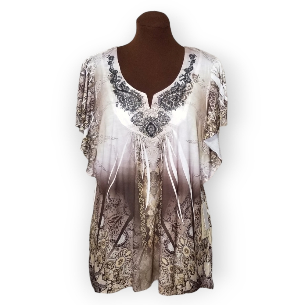 One World Brown Printed Embellished Butterfly Sleeve Top Woman Size 1X
